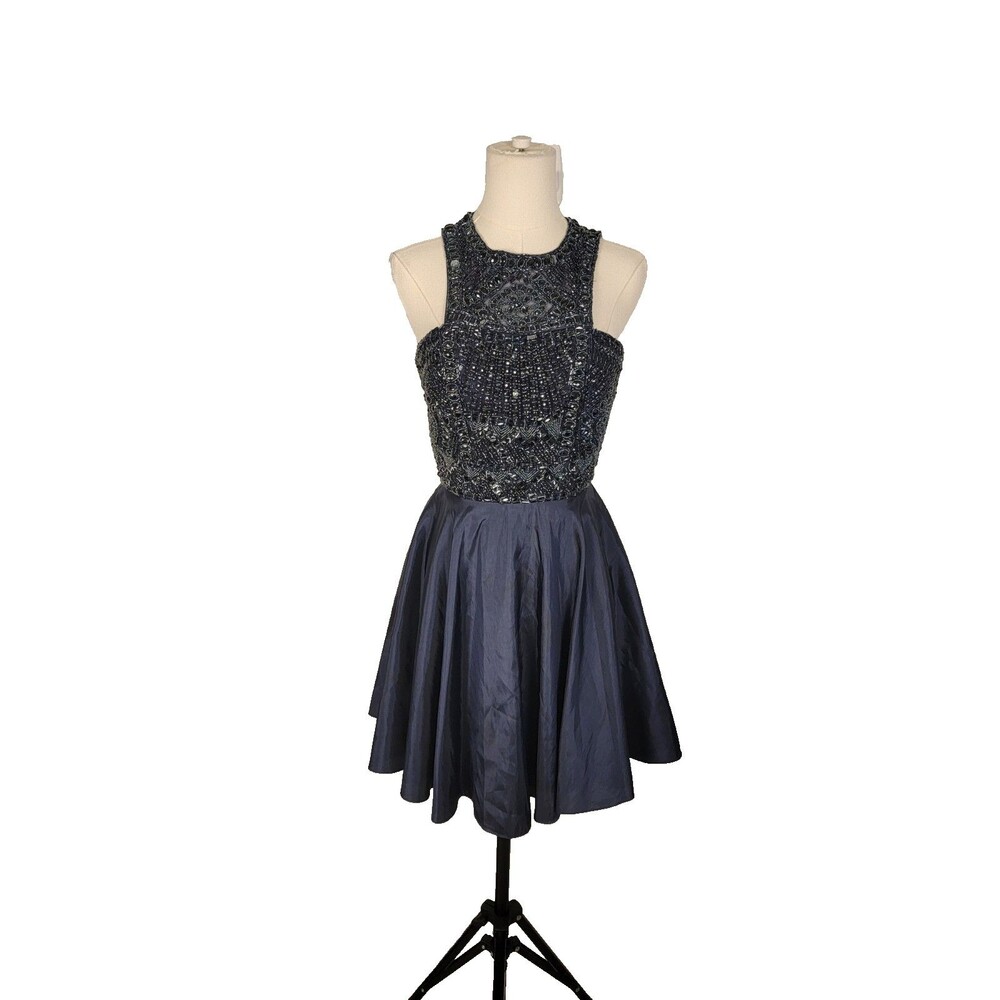Sherri Hill Blue Beaded Sequin Fit & Flare High Neck Lined Zip Dress 6